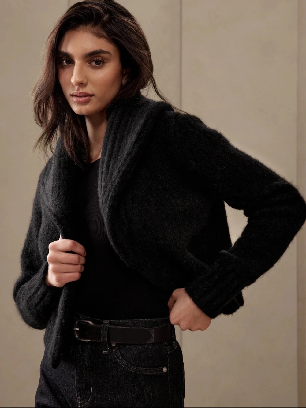 Banana Republic‎ Esme Alpaca Lagenlook Shawl Collar Cardigan Sweater Black XL